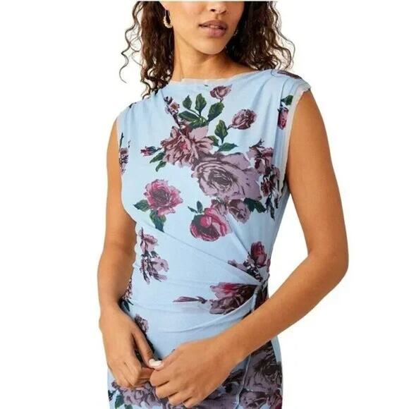 Free People Floral Carmel Mesh Midi Dress Size Medium Blue Stretch Side Slits - Picture 4 of 13